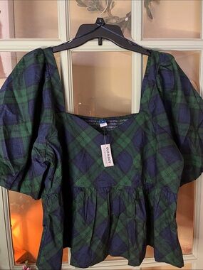 Old Navy Green & Navy Plaid Puff-Sleeve Blouse
